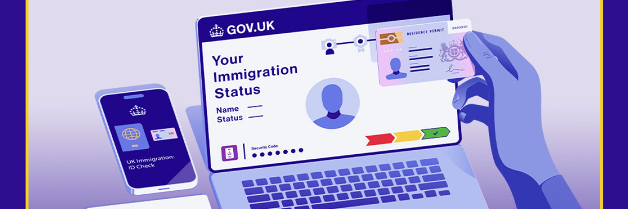 viewing immigration status on gov.uk website on laptop and phone infographic.