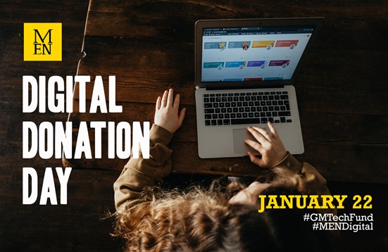 An image of a young person working on a laptop with the text Digital Donation Day written over the top
