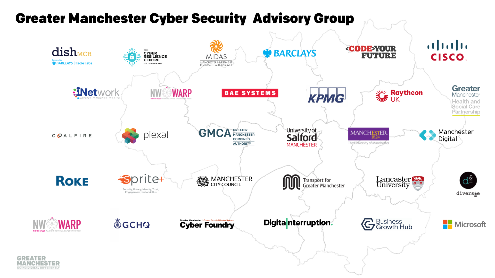 Graphic with title Greater Manchester Cyber Security Advisory Group and several logos overlaid on GM map
