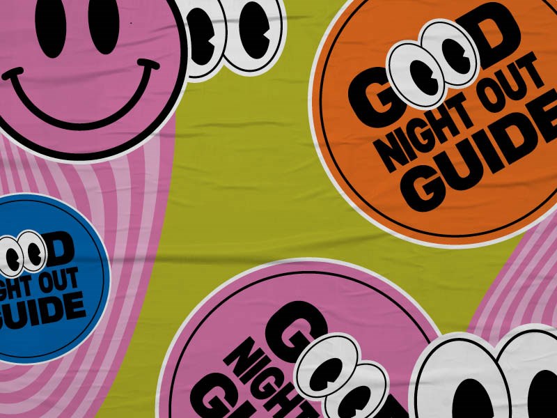 Good Night Out Guide branding - stickers and smiley faces on bright acid pink background