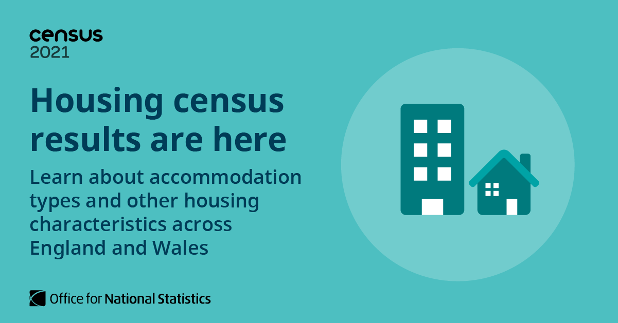 Image containing ONS graphic with an image of two buildings and the text "Housing census results are here"