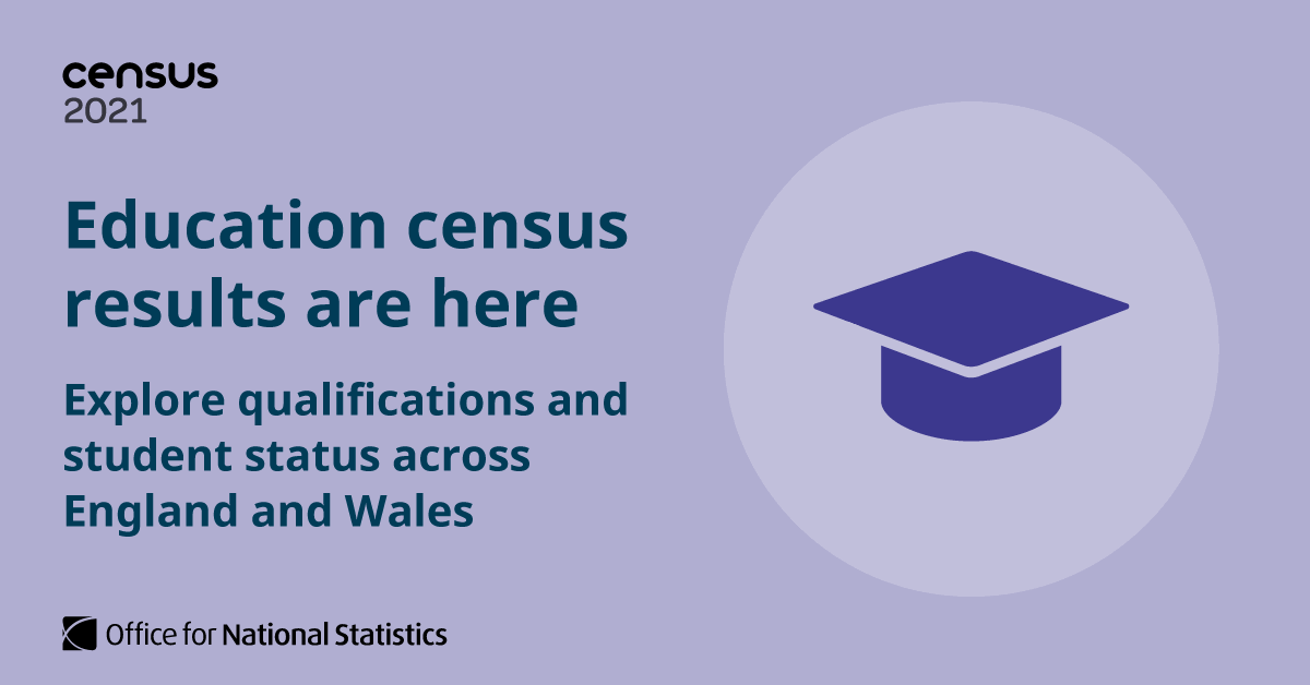 Image containing ONS graphic with an image of a mortarboard and the text "Education census results are here"