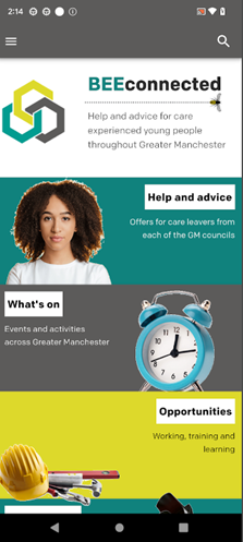 BEEconnected app showing help and advice, what's on and opportunities