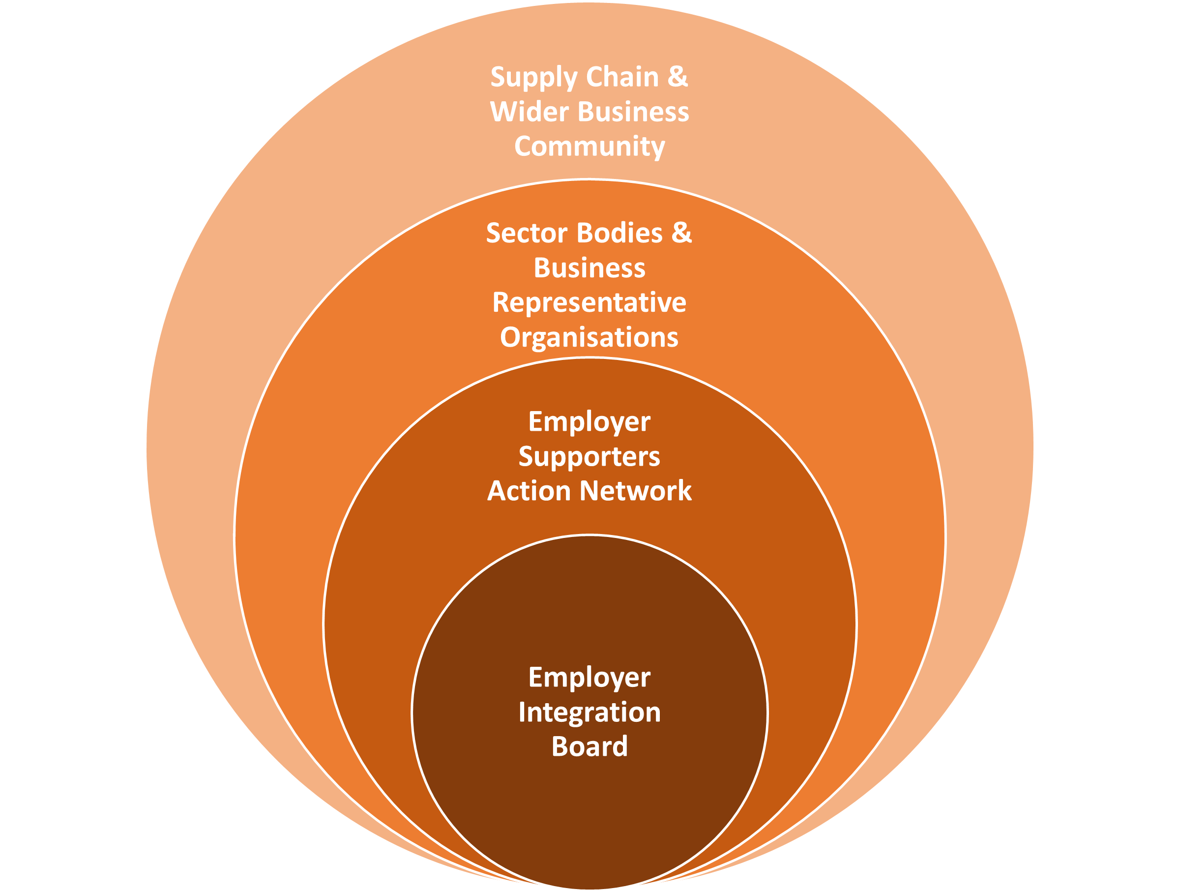 Image showing how the model for change in the technical education city region moves out from the Employer Integration Board, through the Employer Supporters Action Network, to Sector Bodies and then the Wider Business Community.