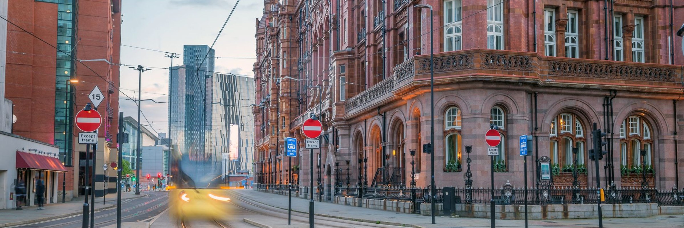 Manchester, England, UK - Manchester city centre at sunset
