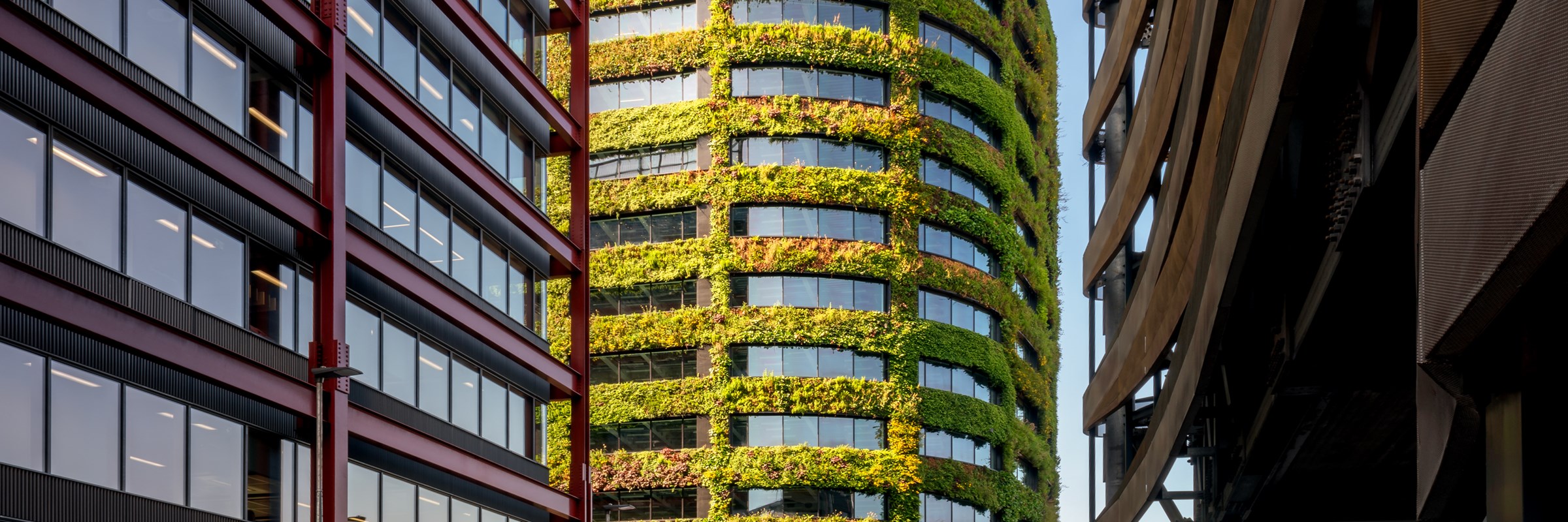 Photo of the Eden Building, Manchester, covered in green walls