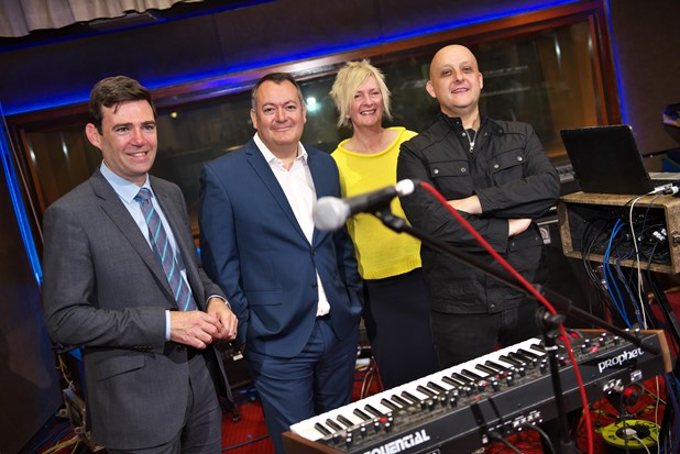 Andy Burnham in a music studio with Martyn Walsh, Ged Doherty and Karen Boardman