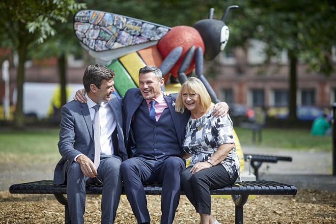 Mayor Andy Burnham, Carl Austin-Behan, and Cllr Brenda Warrington.