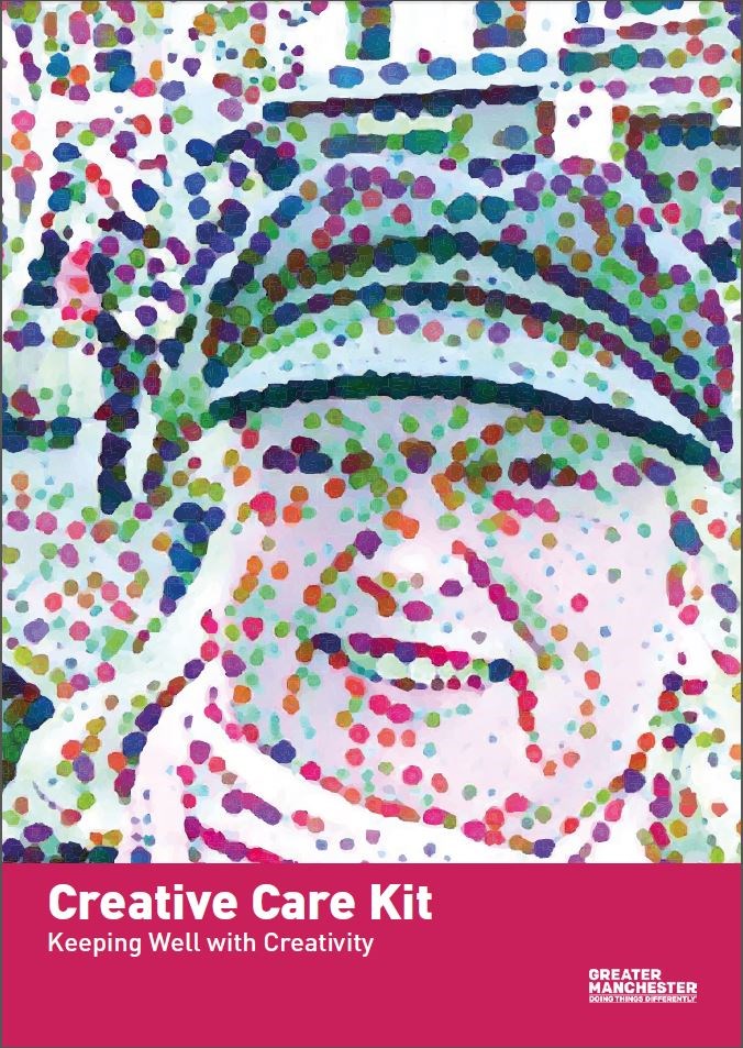 Creative care kit, Keeping Well with Creativity front cover, Dots illustrating a woman's face with a hat on.