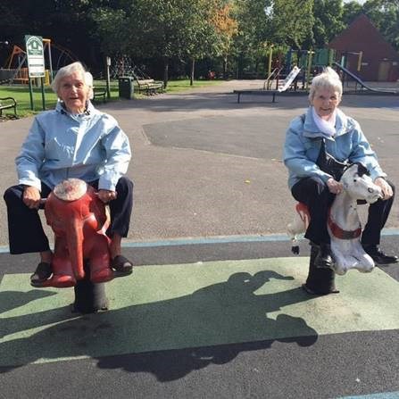 Maureen Maunsell and Sheila Wallin, pictured on a children's playground