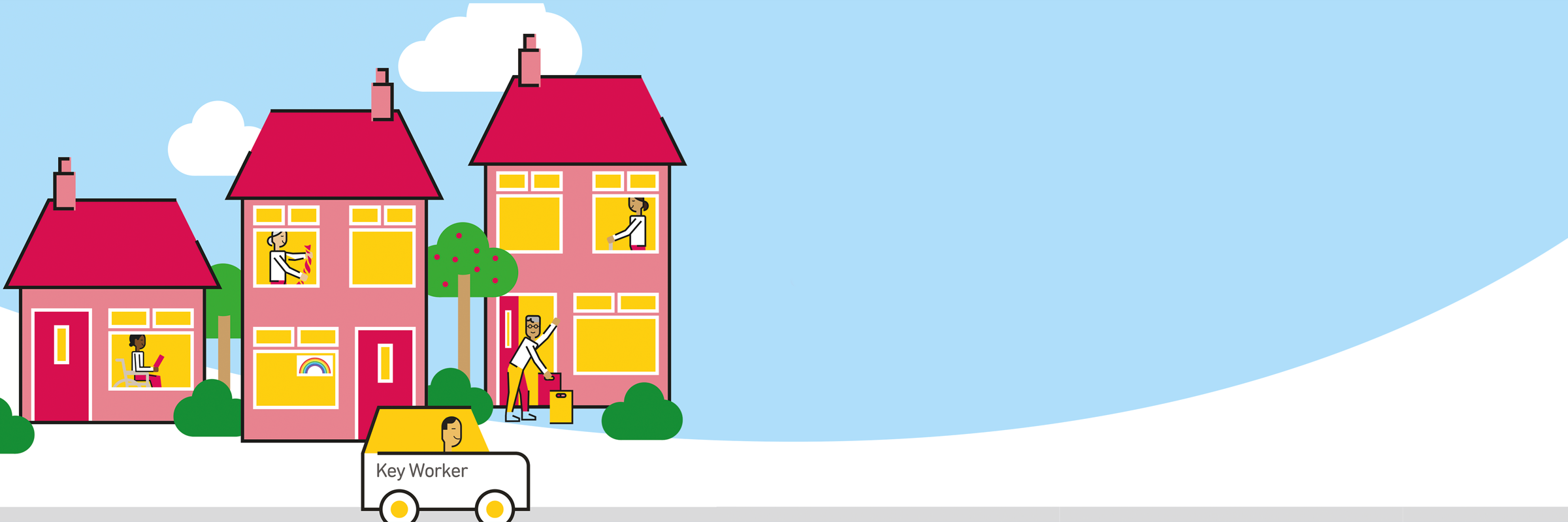 Graphic of people in houses and a car with a sign on the side which says 'Key Worker'