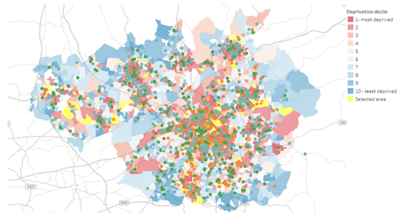 Map of Greater Manchester, with areas colour coded by level of deprivation - blue for lower deprivation and red for higher. Overlaid is a series of dots showing where Free School Meal replacement vouchers are accepted. A number of areas are highlighted yellow, where deprivation is high and access to places accepting Free School Meal replacement vouchers is low.