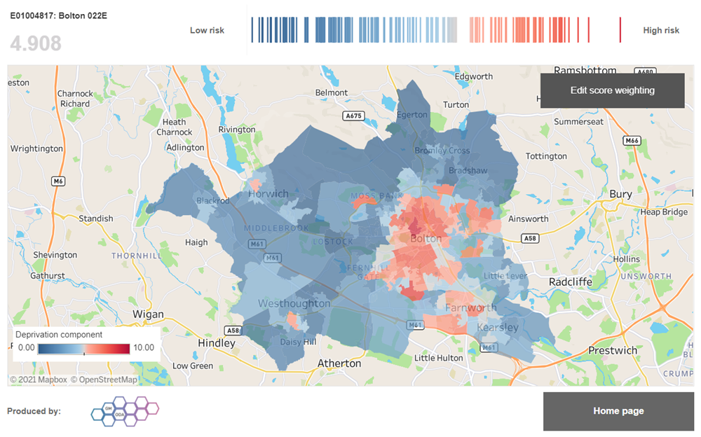 A map showing Wigan, Bolton and Bury. Overlayed over Bolton are red and blue clusters showcasing areas of deprivation in the area.