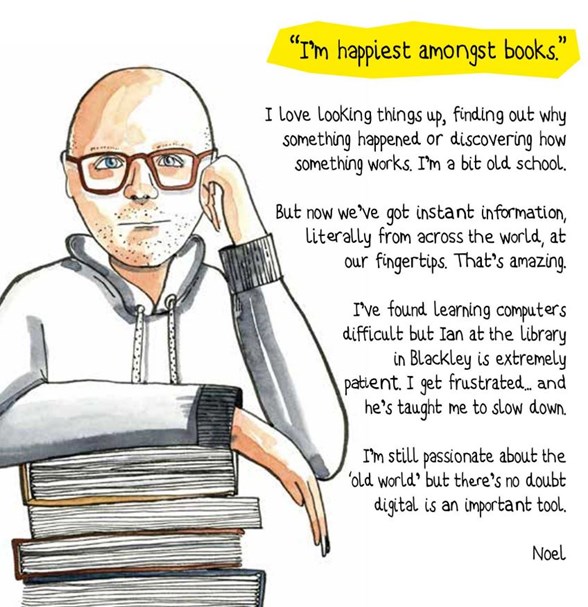 An illustration of a man called Noel leaning on a pile of books