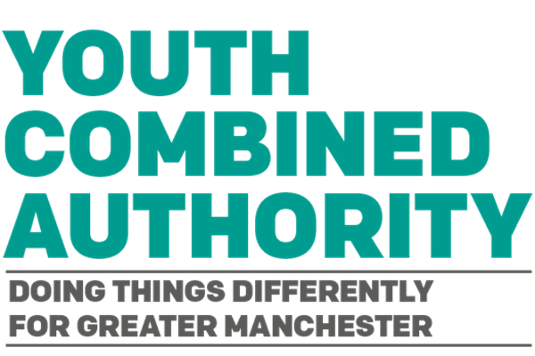 Youth Combined Authority in block capital letters in turquoise, alongside the slogan "doing things different for Greater Manchester' in block capitals in dark grey.