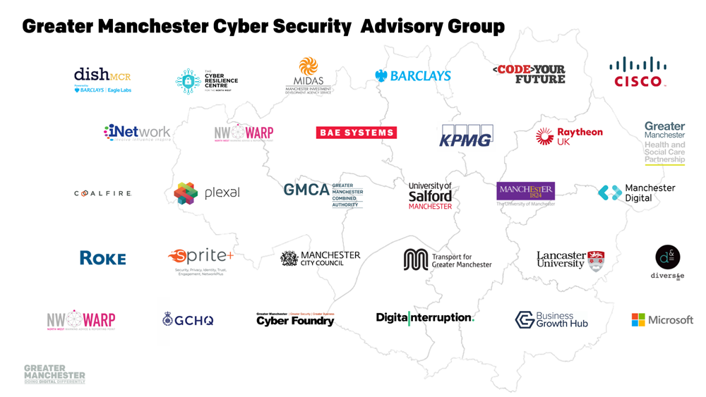 Graphic with title Greater Manchester Cyber Security Advisory Group and several logos overlaid on GM map