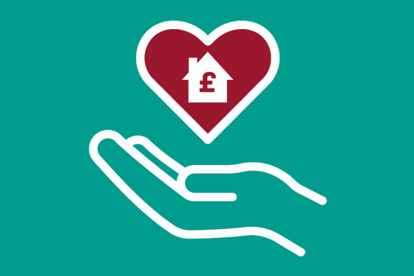 Graphic of a hand holding a heart with a house with pound sign inside
