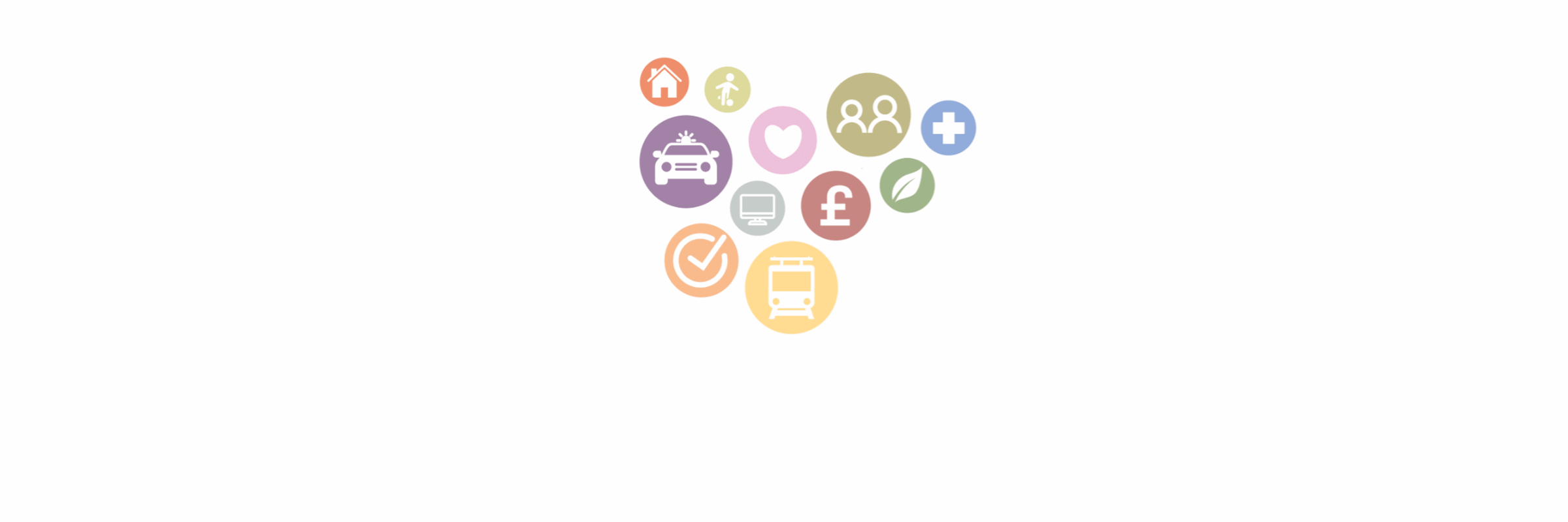 Icons representing different topics to talk about, e.g. transport, police, crime, health, digital, and communities
