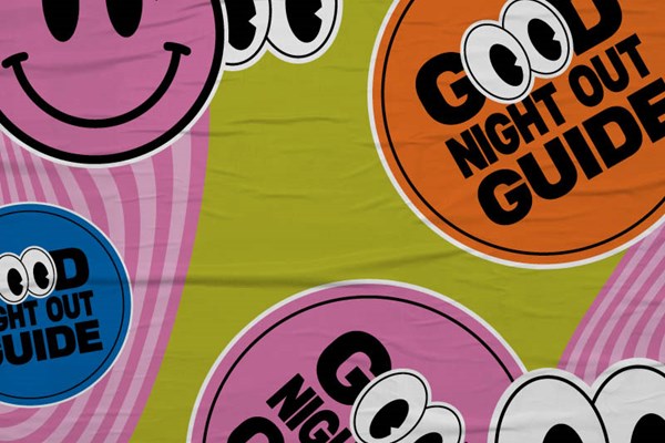Good Night Out Guide branding - stickers and smiley faces on bright acid pink background