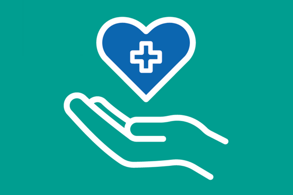 Graphic of a hand holding a heart with a medical cross inside