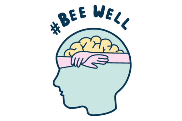 Bee Well logo - A side profile shot of a young person's head, inside we can see the brain is being hugged by supportive pink hands. At the top reads "#Bee Well".