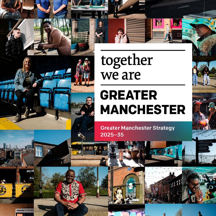 Front cover of the Greater Manchester Strategy featuring a montage of images of people and places from across Greater Manchester.