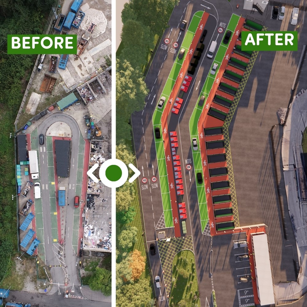 A before and after picture of how the refurbished Reliance Street Household Waste and Recycling Centre will look